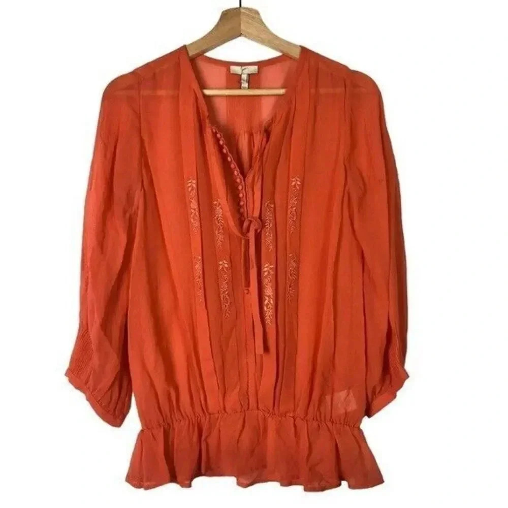 Joie Orange Silk Peplum Long Sleeve Blouse S